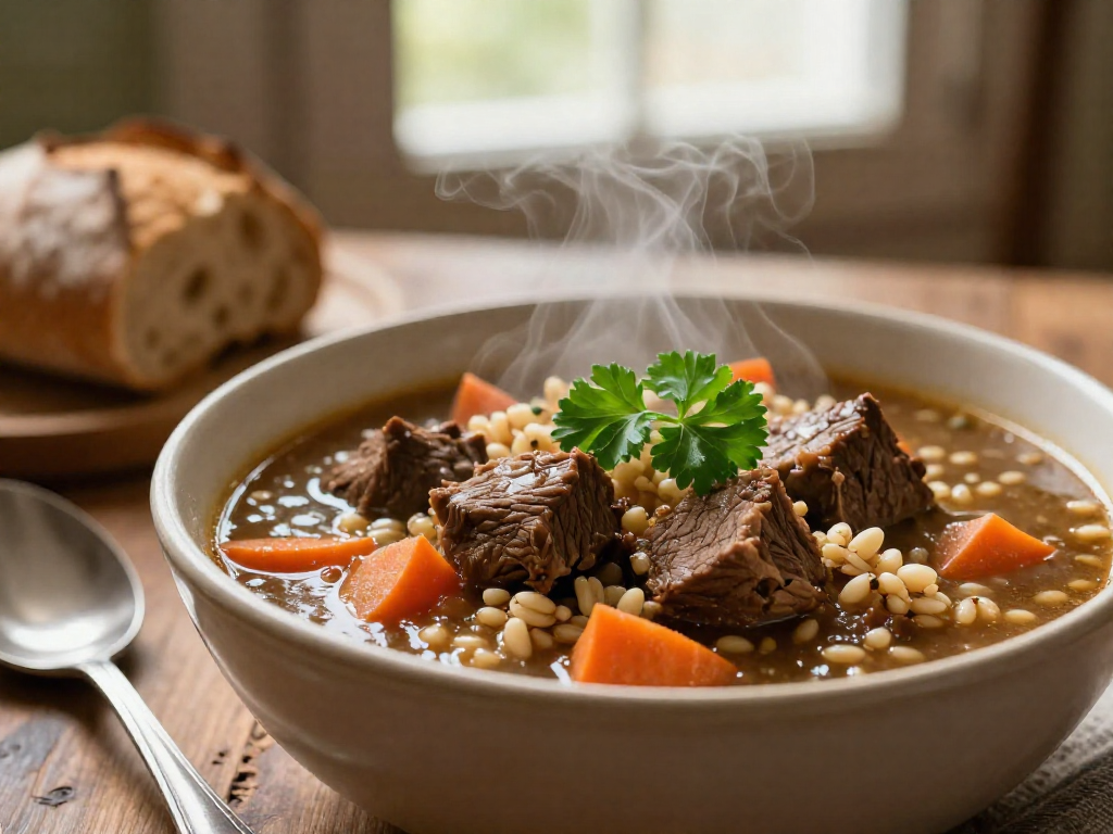 Bowl of beef and barley stew with steam and fresh parsley, with bread on a wooden table.
